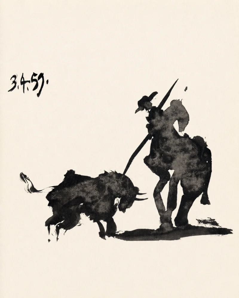 44-pablo-picasso-toros-y-toreros-picador-and-bull-confrontation Пикадор на лошади