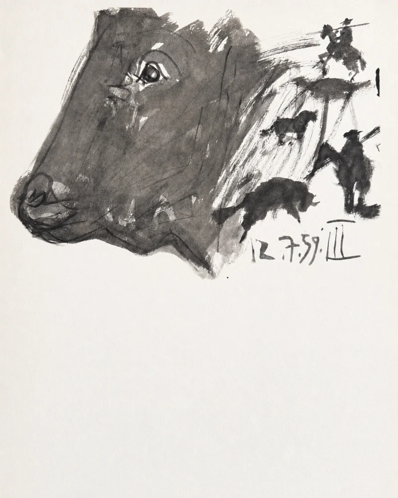 48-pablo-picasso-toros-y-toreros-bull-head-with-corrida-scenes Бык