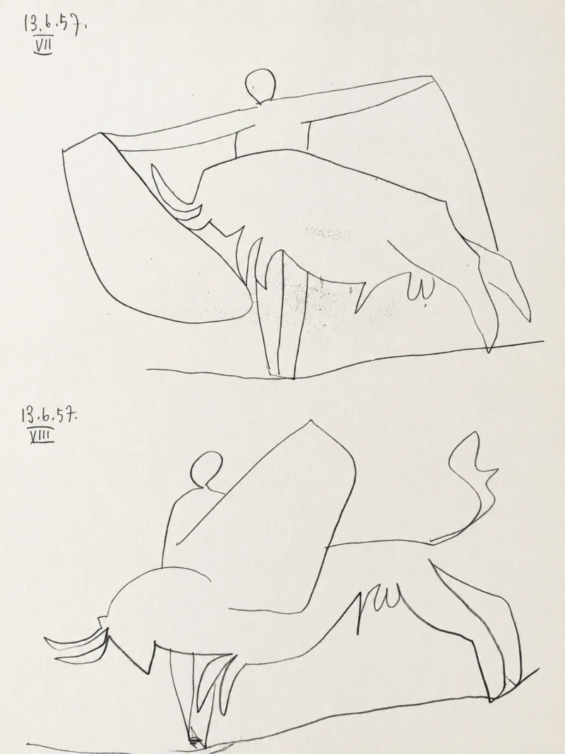 pablo-picasso-toreros-bullfighting-line-drawings-diptych Тореадор и бык (комплект из двух работ)