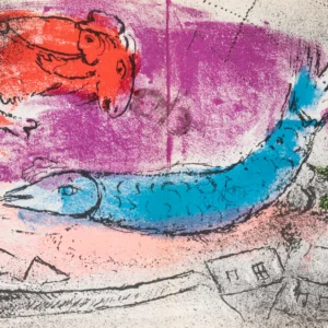 marc-chagall-original-lithograph-1957-blue-figure-red-composition Синяя рыба