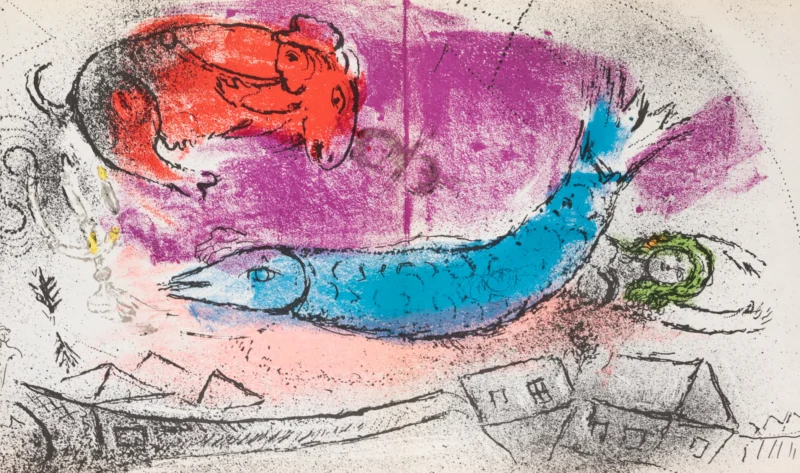 marc-chagall-original-lithograph-1957-blue-figure-red-composition Синяя рыба