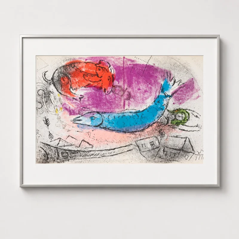 marc-chagall-original-lithograph-1957-blue-figure-red-composition-framed Синяя рыба