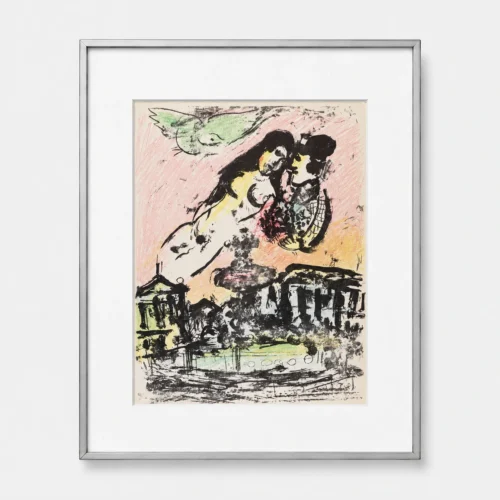 marc-chagall-original-lithograph-1957-flying-lovers-city-framed Небеса влюбленных