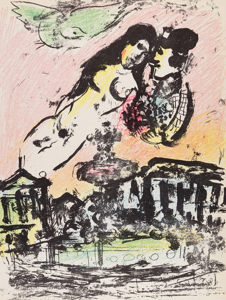 marc-chagall-original-lithograph-1957-flying-lovers-city Небеса влюбленных