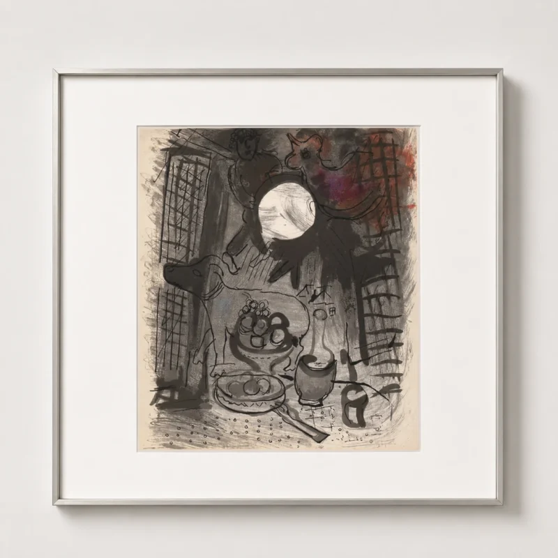 marc-chagall-original-lithograph-1957-moon-still-life-framed Коричневый натюрморт