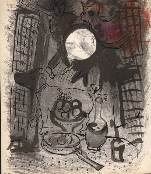 marc-chagall-original-lithograph-1957-moon-still-life Коричневый натюрморт